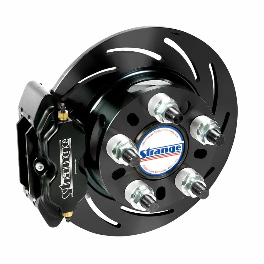 Strange Engineering Pro Series Rear Brake Kit For 05-14 Mustang OEM Ends using Strange Eliminator Kit With Slotted Rotors, Four Piston Calipers & Hard Metallic Pads